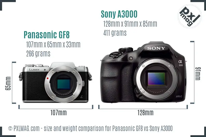Panasonic GF8 vs Sony A3000 size comparison