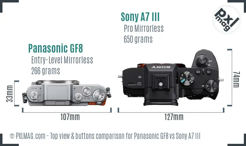 Panasonic GF8 vs Sony A7 III top view buttons comparison Panasonic GF8 vs Sony A7 III top view buttons comparison