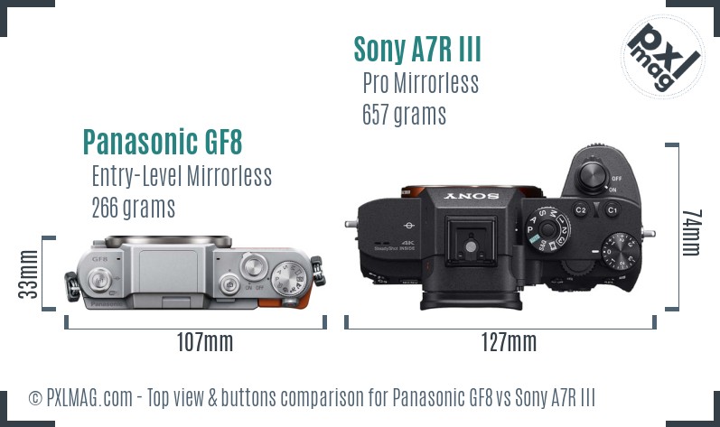 Panasonic GF8 vs Sony A7R III top view buttons comparison
