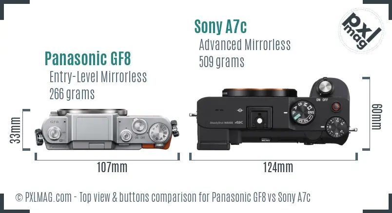 Panasonic GF8 vs Sony A7c top view buttons comparison Panasonic GF8 vs Sony A7c top view buttons comparison