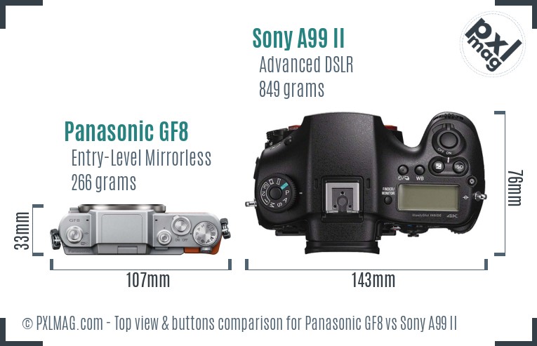 Panasonic GF8 vs Sony A99 II top view buttons comparison