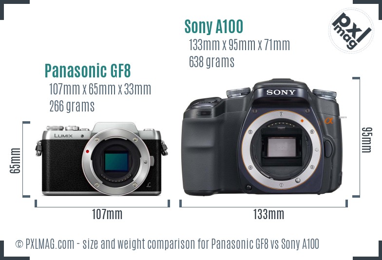 Panasonic GF8 vs Sony A100 size comparison