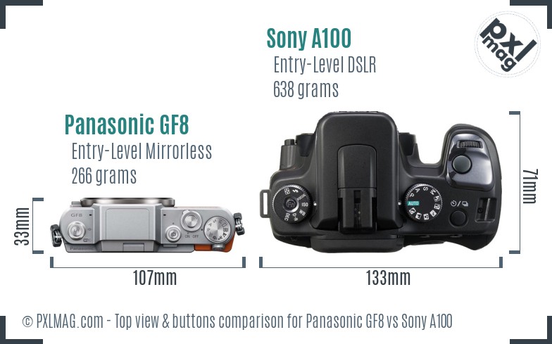 Panasonic GF8 vs Sony A100 top view buttons comparison