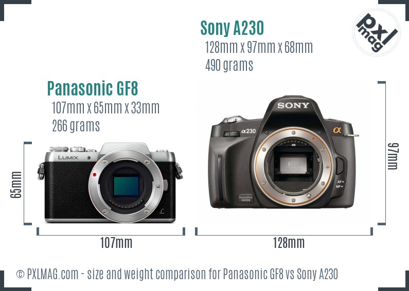 Panasonic GF8 vs Sony A230 size comparison Panasonic GF8 vs Sony A230 size comparison