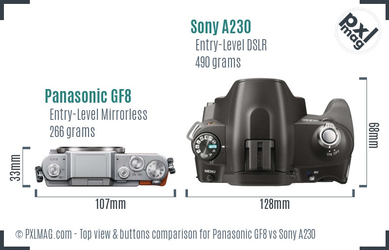 Panasonic GF8 vs Sony A230 top view buttons comparison