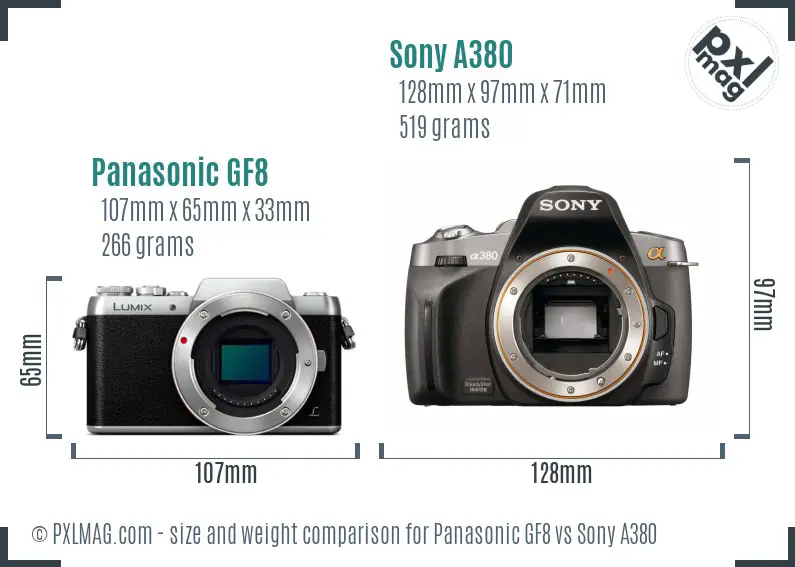 Panasonic GF8 vs Sony A380 size comparison Panasonic GF8 vs Sony A380 size comparison