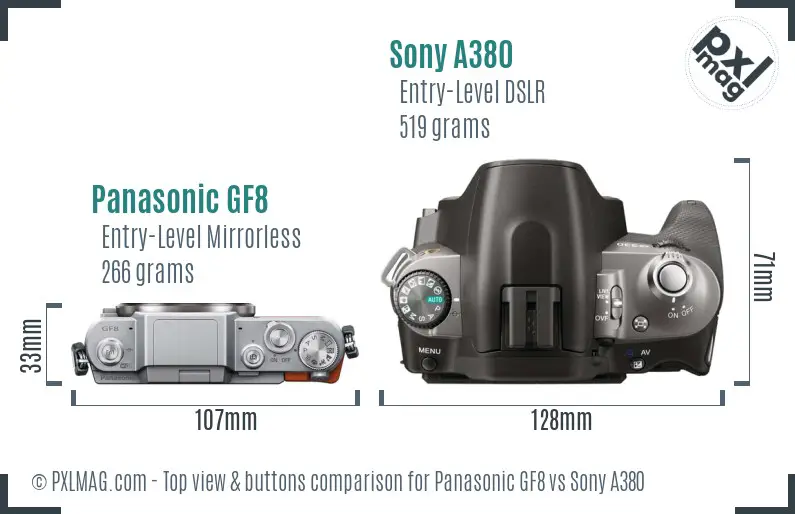 Panasonic GF8 vs Sony A380 top view buttons comparison Panasonic GF8 vs Sony A380 top view buttons comparison