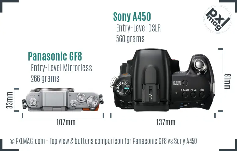 Panasonic GF8 vs Sony A450 top view buttons comparison Panasonic GF8 vs Sony A450 top view buttons comparison