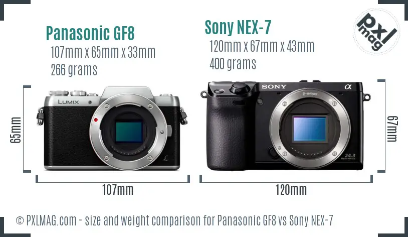 Panasonic GF8 vs Sony NEX-7 size comparison