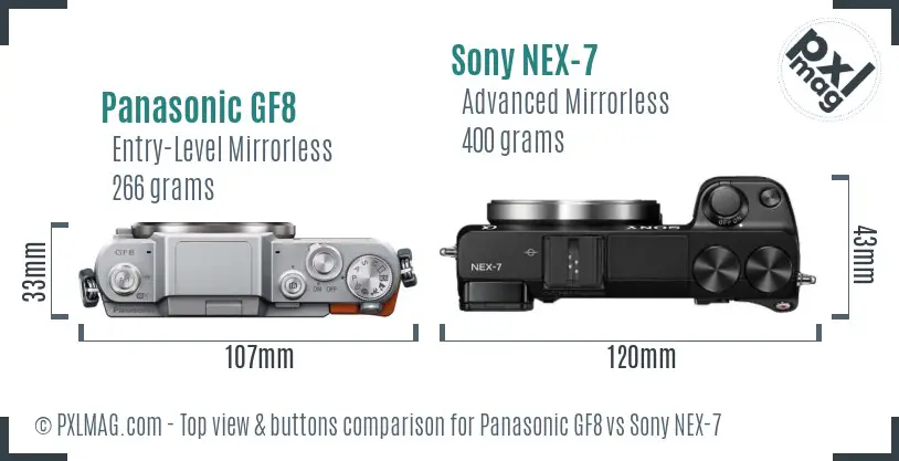 Panasonic GF8 vs Sony NEX-7 top view buttons comparison