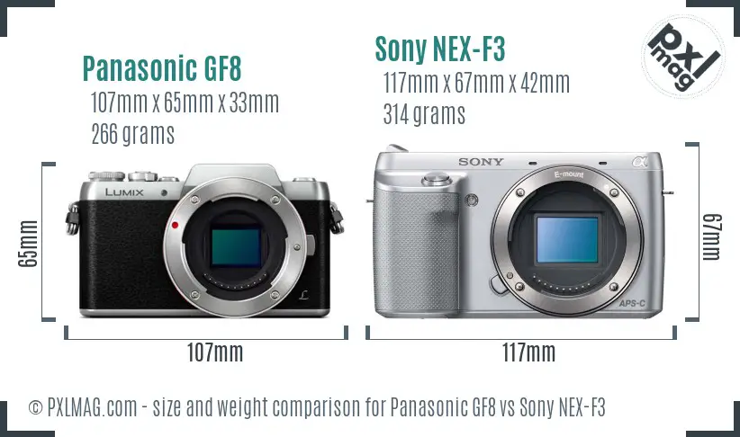 Panasonic GF8 vs Sony NEX-F3 size comparison