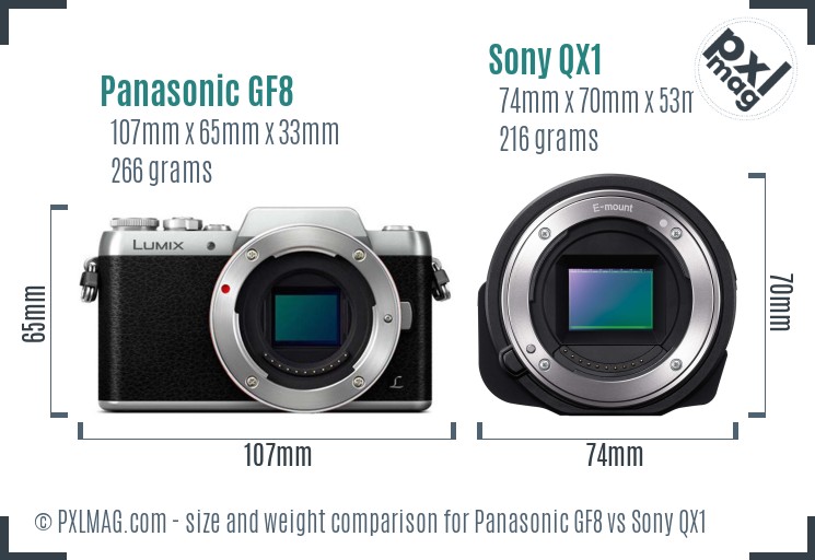 Panasonic GF8 vs Sony QX1 size comparison