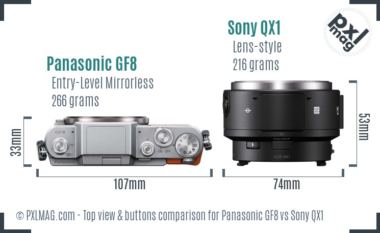 Panasonic GF8 vs Sony QX1 top view buttons comparison