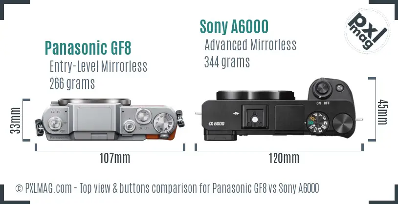 Panasonic GF8 vs Sony A6000 top view buttons comparison