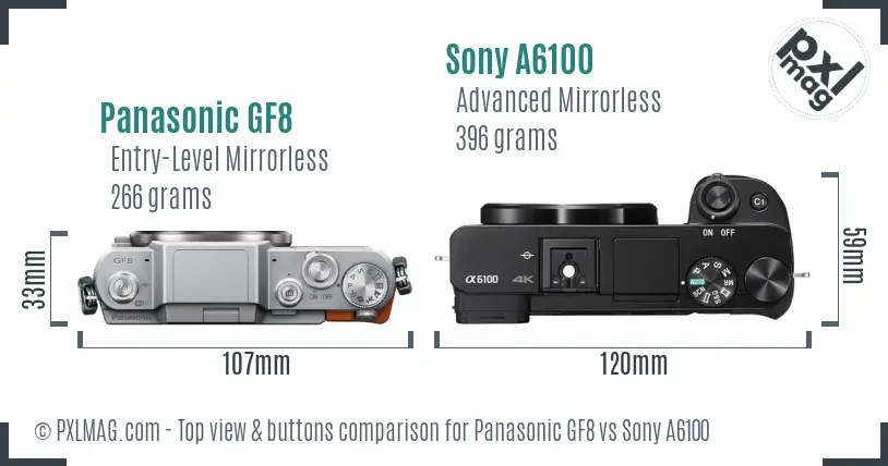 Panasonic GF8 vs Sony A6100 top view buttons comparison Panasonic GF8 vs Sony A6100 top view buttons comparison
