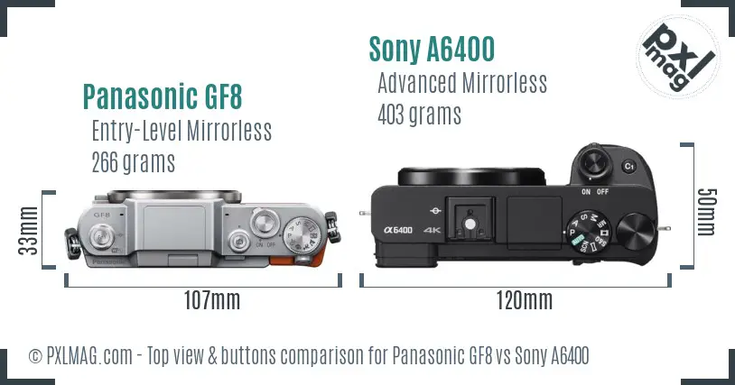 Panasonic GF8 vs Sony A6400 top view buttons comparison