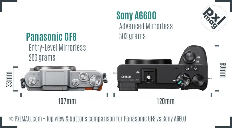 Panasonic GF8 vs Sony A6600 top view buttons comparison