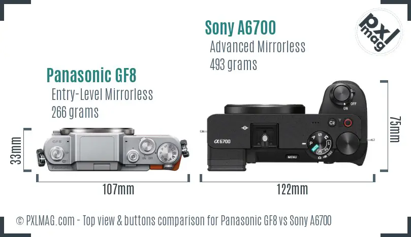 Panasonic GF8 vs Sony A6700 top view buttons comparison Panasonic GF8 vs Sony A6700 top view buttons comparison