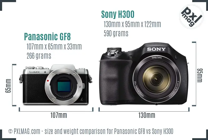 Panasonic GF8 vs Sony H300 size comparison