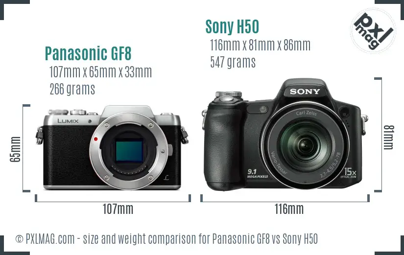 Panasonic GF8 vs Sony H50 size comparison