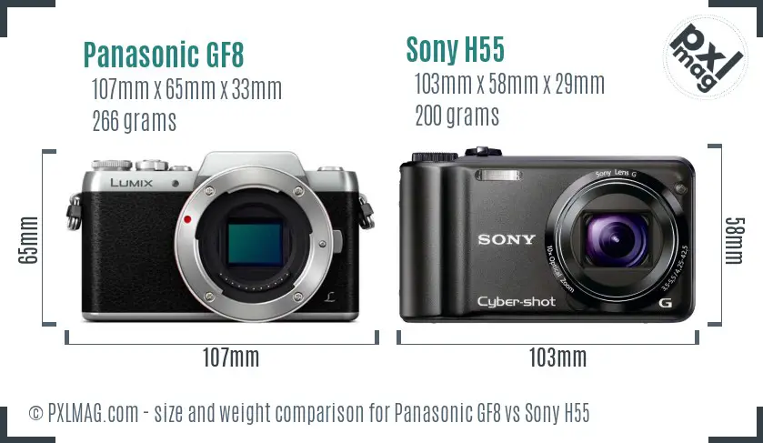 Panasonic GF8 vs Sony H55 size comparison