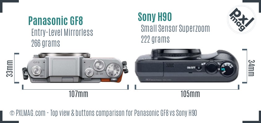 Panasonic GF8 vs Sony H90 top view buttons comparison