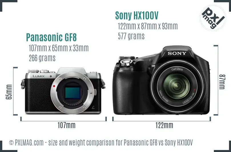 Panasonic GF8 vs Sony HX100V size comparison