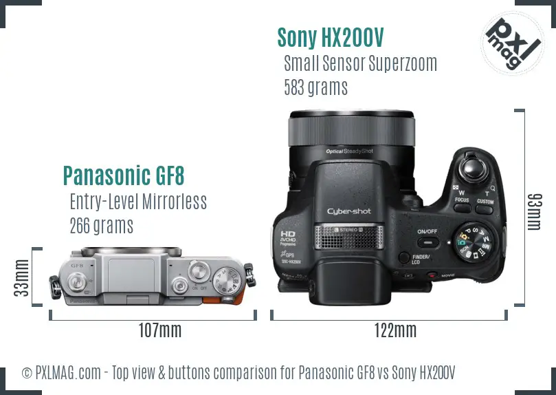 Panasonic GF8 vs Sony HX200V top view buttons comparison Panasonic GF8 vs Sony HX200V top view buttons comparison