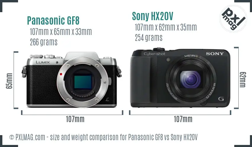 Panasonic GF8 vs Sony HX20V size comparison