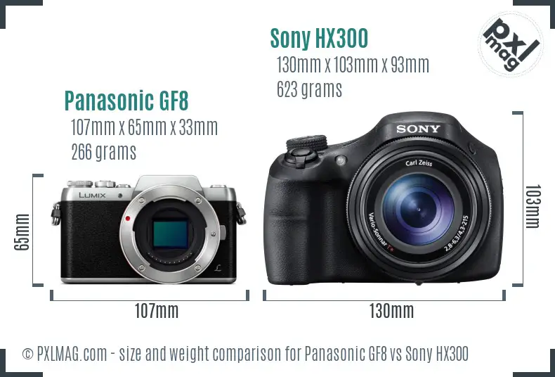 Panasonic GF8 vs Sony HX300 size comparison