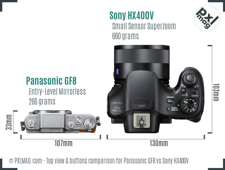 Panasonic GF8 vs Sony HX400V top view buttons comparison Panasonic GF8 vs Sony HX400V top view buttons comparison