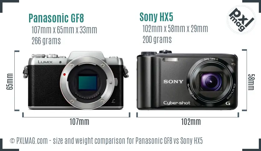 Panasonic GF8 vs Sony HX5 size comparison