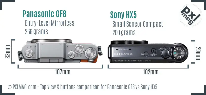 Panasonic GF8 vs Sony HX5 top view buttons comparison