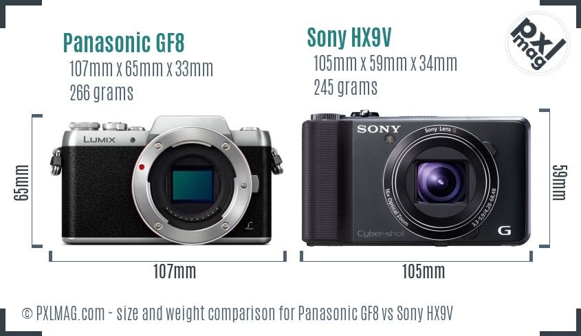 Panasonic GF8 vs Sony HX9V size comparison