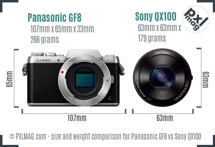 Panasonic GF8 vs Sony QX100 size comparison