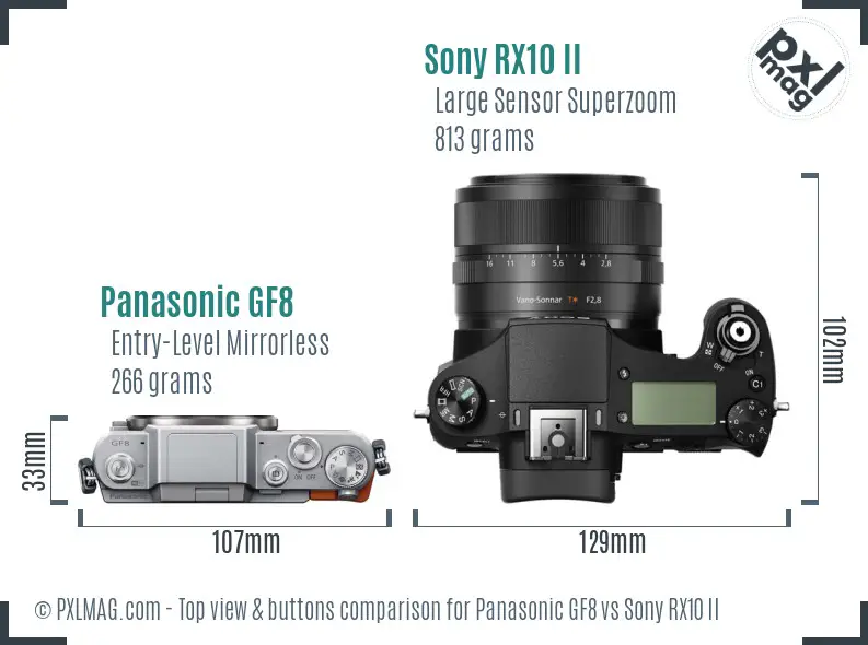 Panasonic GF8 vs Sony RX10 II top view buttons comparison Panasonic GF8 vs Sony RX10 II top view buttons comparison