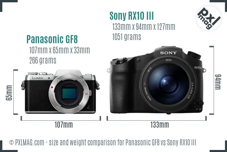 Panasonic GF8 vs Sony RX10 III size comparison