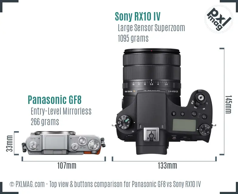 Panasonic GF8 vs Sony RX10 IV top view buttons comparison Panasonic GF8 vs Sony RX10 IV top view buttons comparison