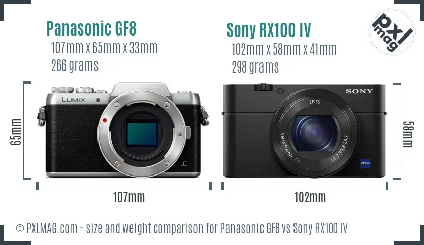 Panasonic GF8 vs Sony RX100 IV size comparison