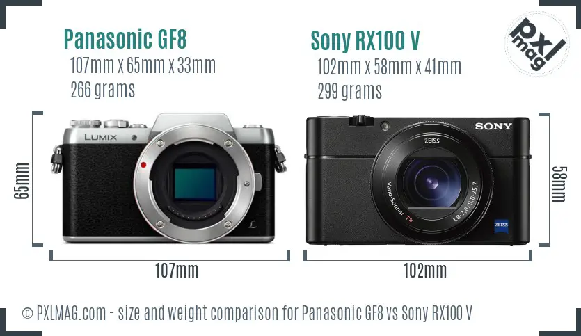 Panasonic GF8 vs Sony RX100 V size comparison