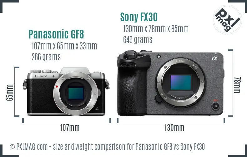 Panasonic GF8 vs Sony FX30 size comparison