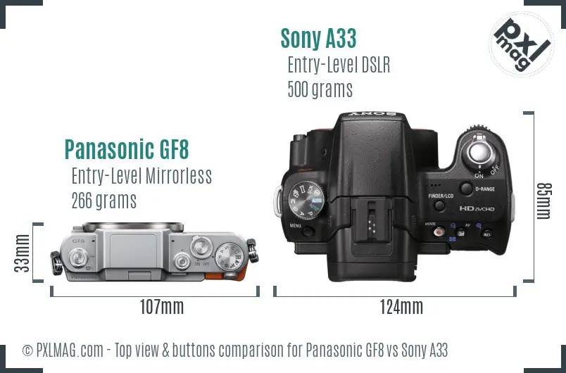 Panasonic GF8 vs Sony A33 top view buttons comparison