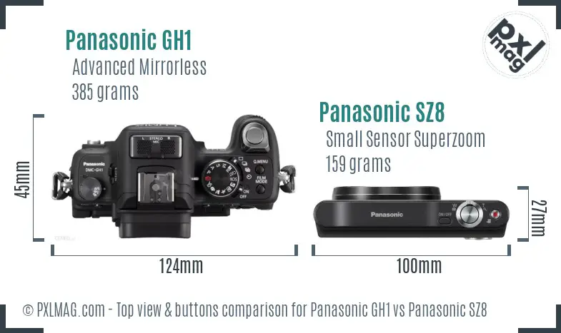 Panasonic GH1 vs Panasonic SZ8 top view buttons comparison Panasonic GH1 vs Panasonic SZ8 top view buttons comparison
