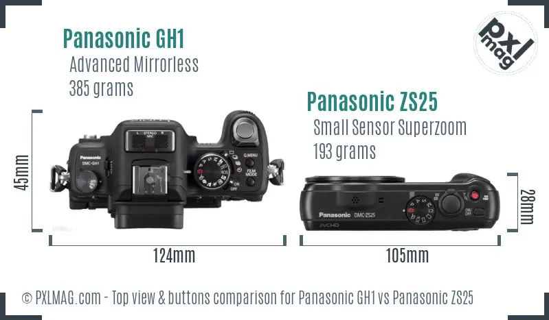 Panasonic GH1 vs Panasonic ZS25 top view buttons comparison