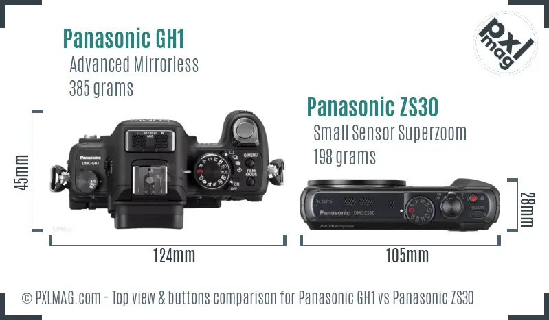 Panasonic GH1 vs Panasonic ZS30 top view buttons comparison