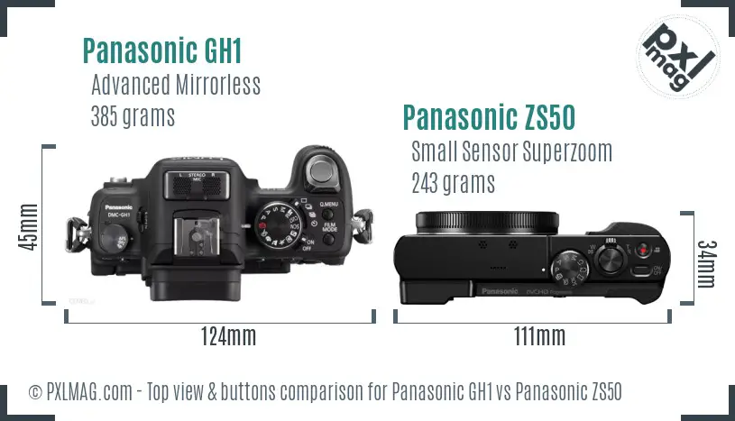 Panasonic GH1 vs Panasonic ZS50 top view buttons comparison