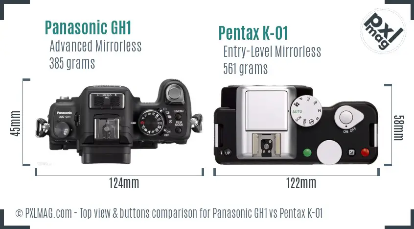 Panasonic GH1 vs Pentax K-01 top view buttons comparison