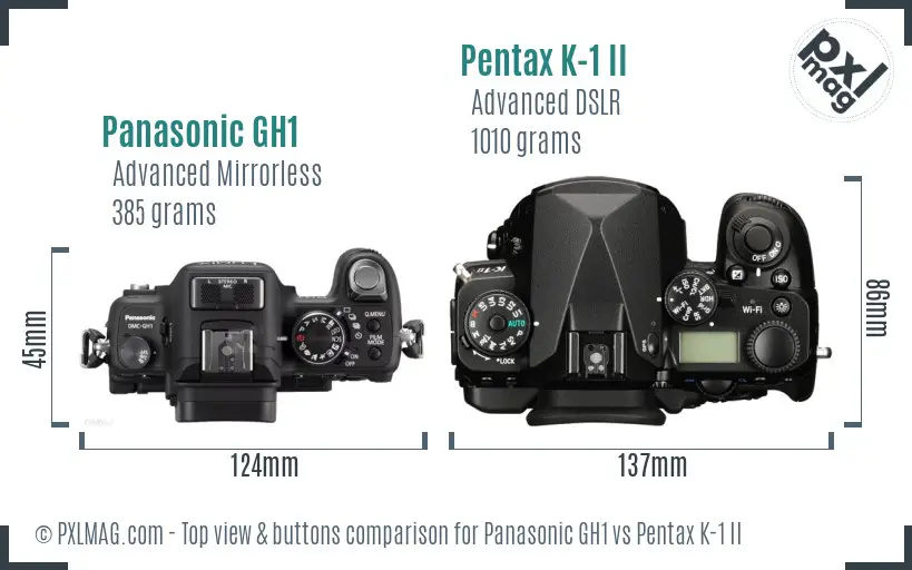 Panasonic GH1 vs Pentax K-1 II top view buttons comparison