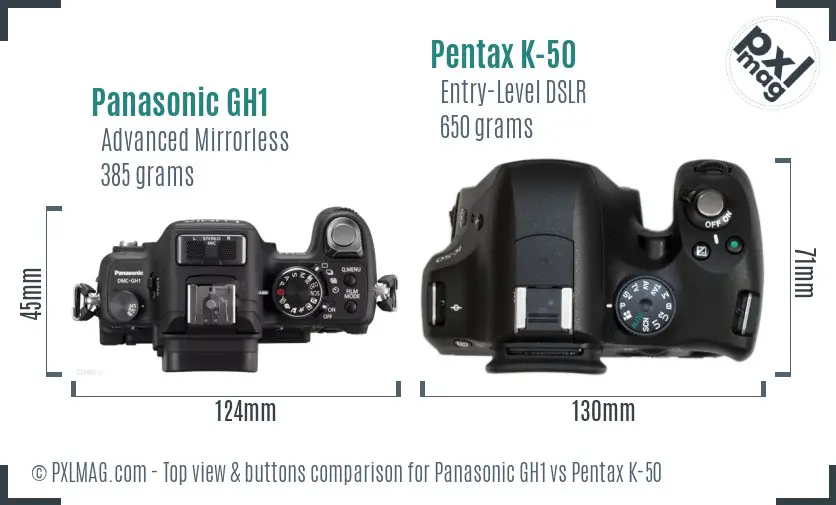 Panasonic GH1 vs Pentax K-50 top view buttons comparison