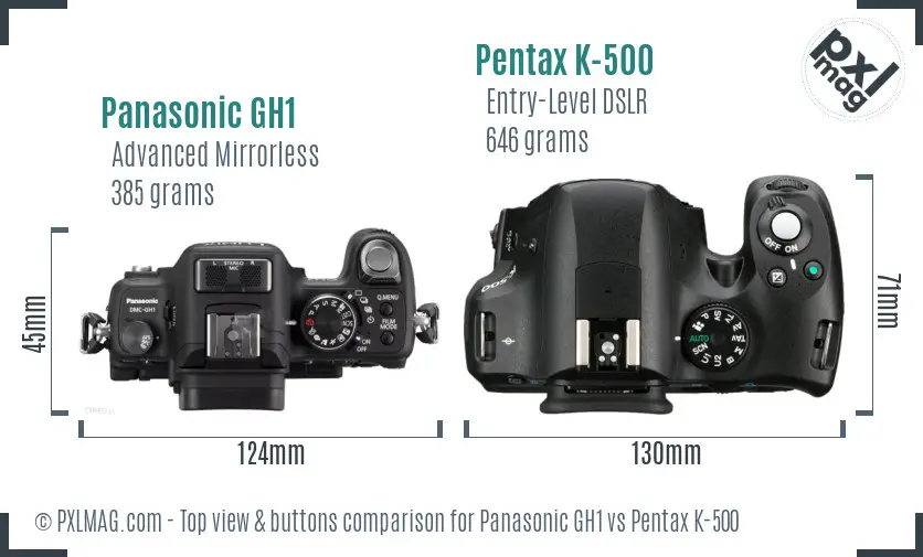 Panasonic GH1 vs Pentax K-500 top view buttons comparison